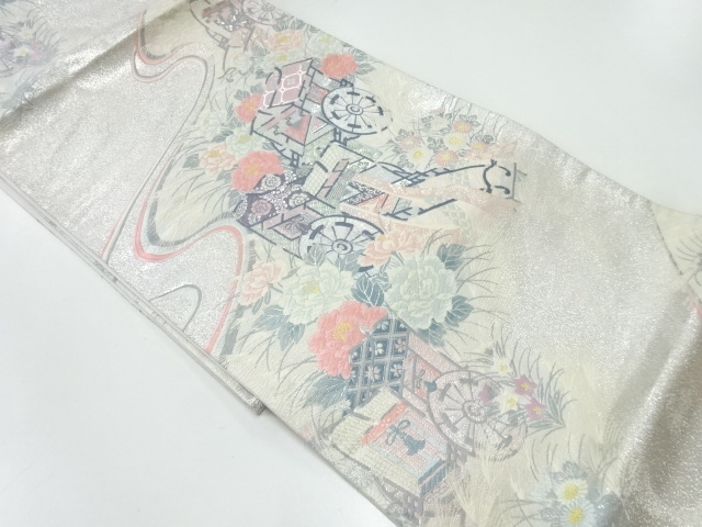 アンティーク　御所車に花模様織出し袋帯（材料）